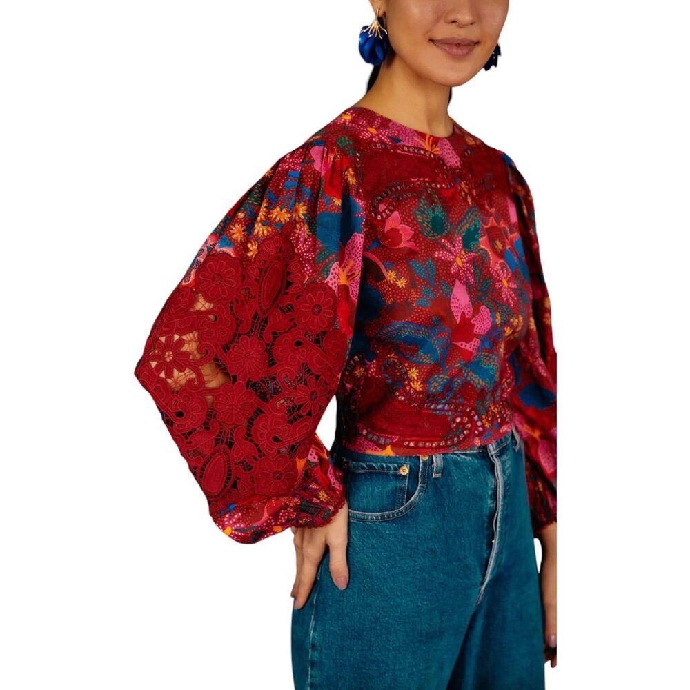 FARM Rio Red Multicolor Floral Lace Balloon-Sleeve Blouse